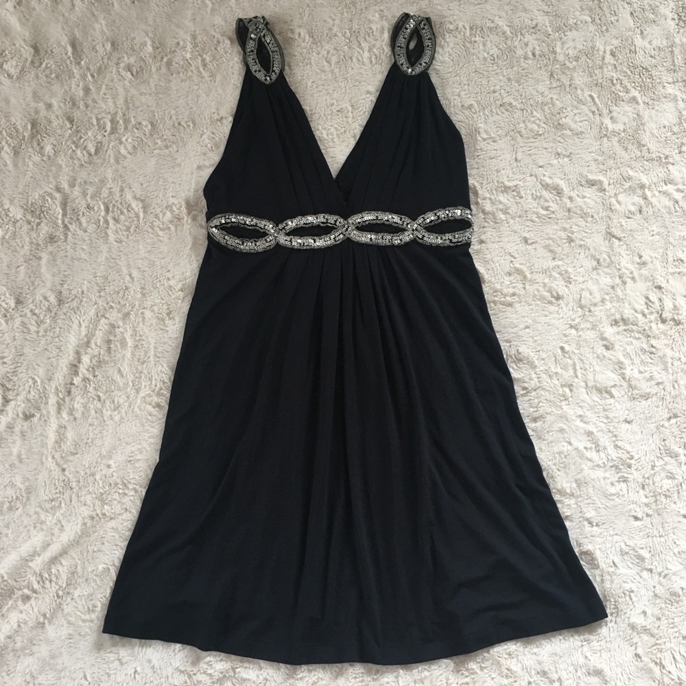 Tart navy blue embellished dress v neck pleated